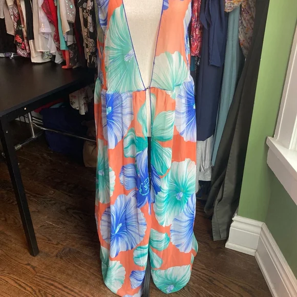 Women's bathing suit sheer cover RESORT by Chuck A. Size L Orange Floral - Picture 3 of 13